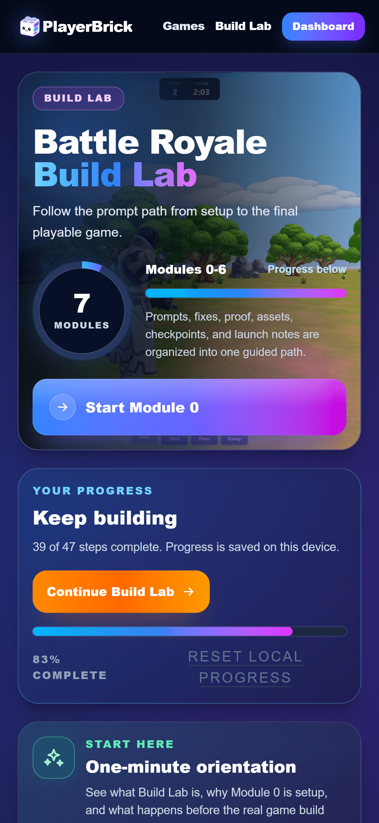 Your dashboard — Build Lab app screen